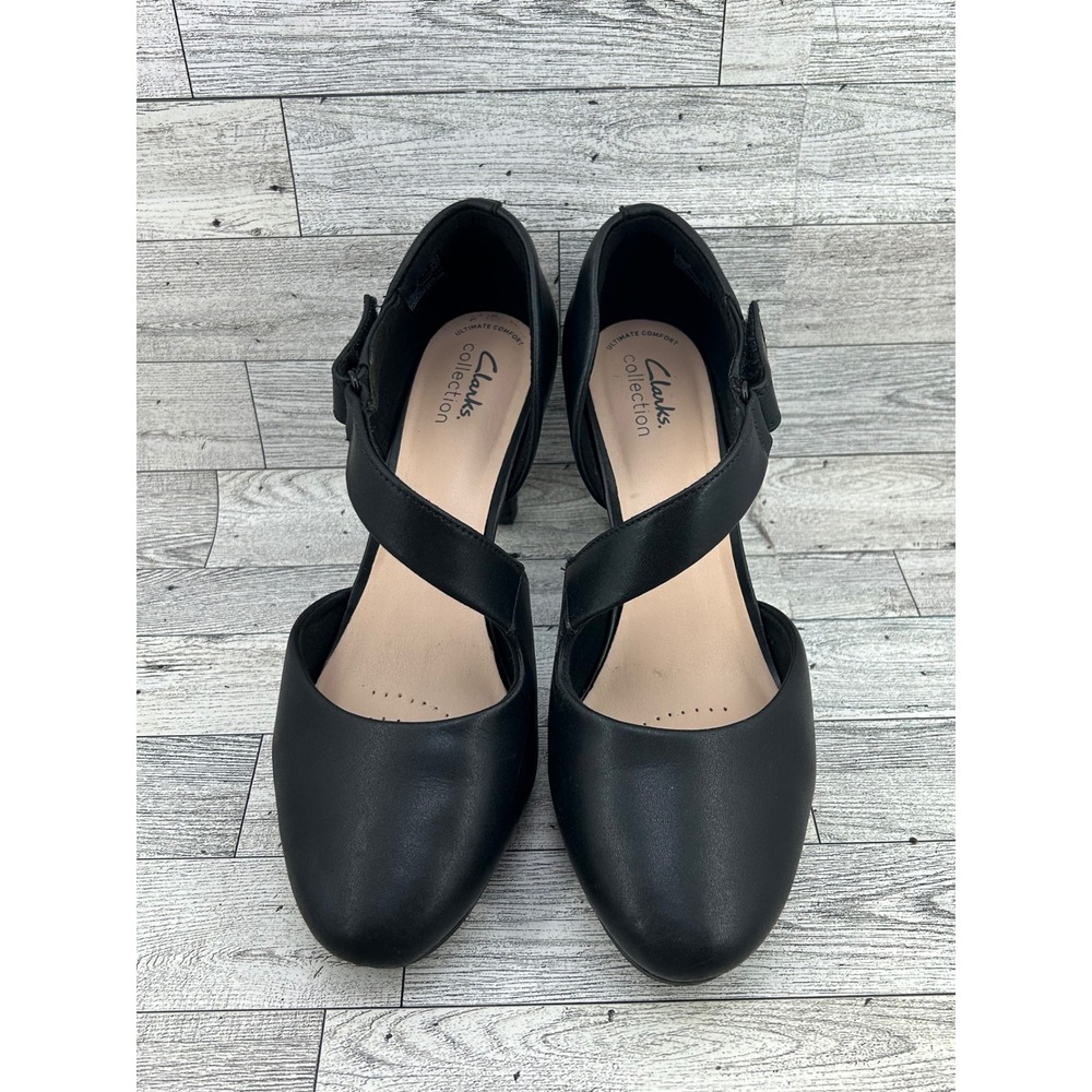 Clarks Collection Black Leather Cross Strap‎ Ultimate Comfort Heels Women Sz 10M